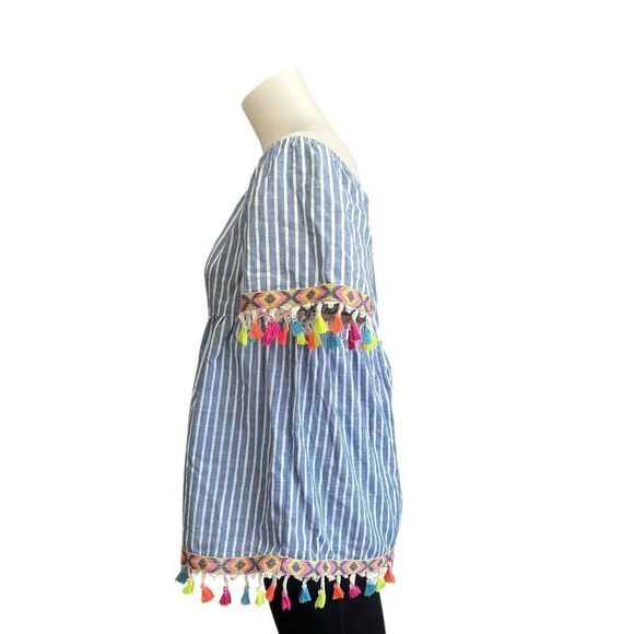 Entro Womens Blue White Striped Off Shoulder Tassel Preppy Hip Blouse Medium - Picture 4 of 9